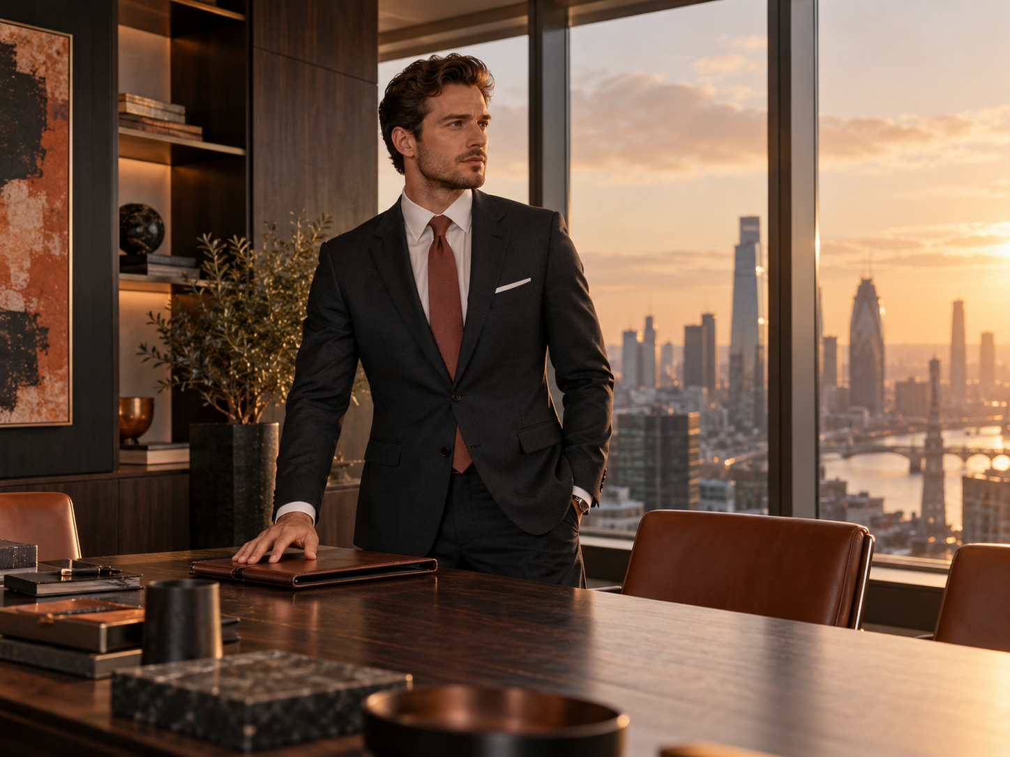 Sales professional preparing for a commercial meeting in an executive room