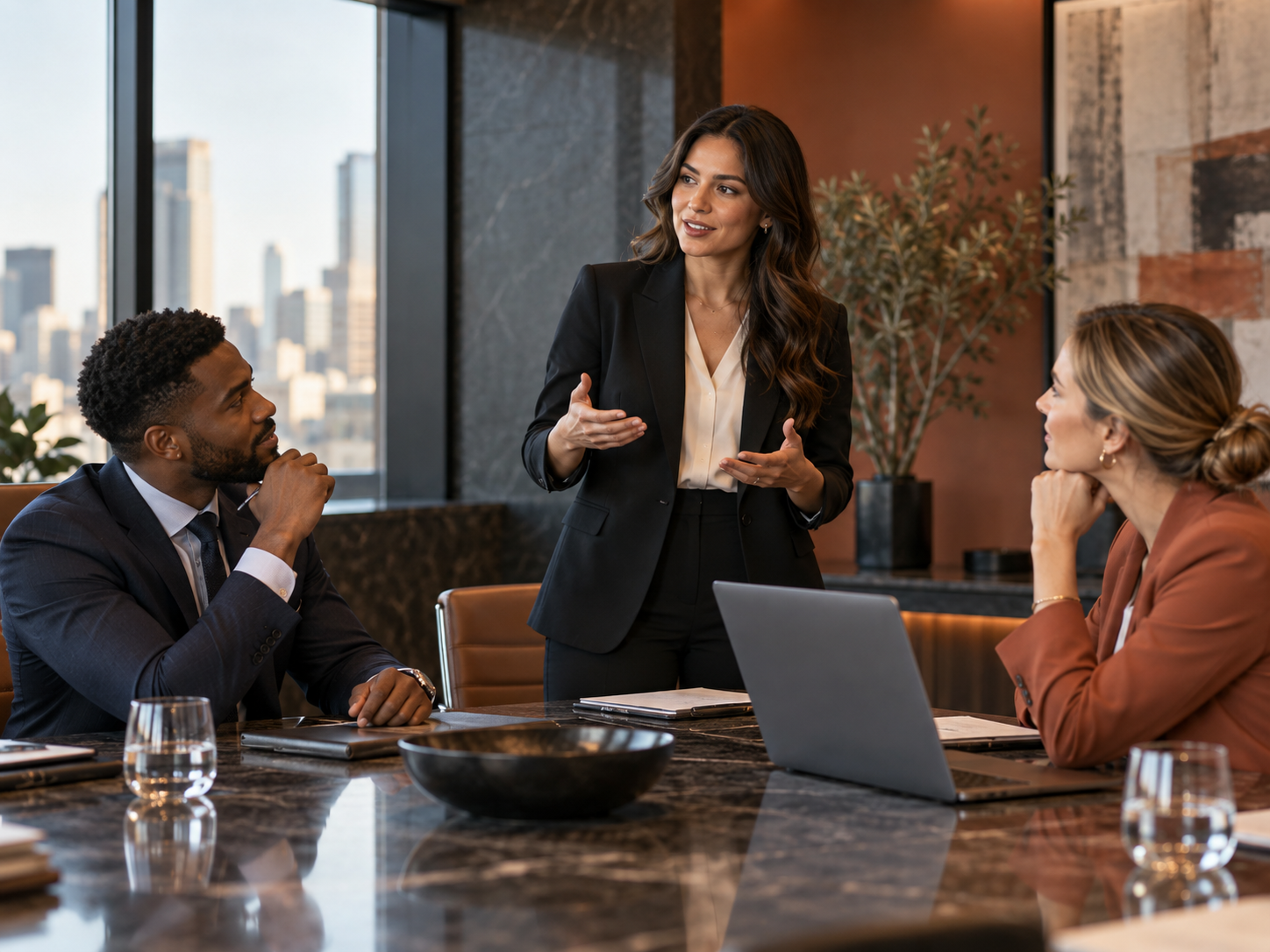 Sales professional leading a discussion with colleagues in a boardroom